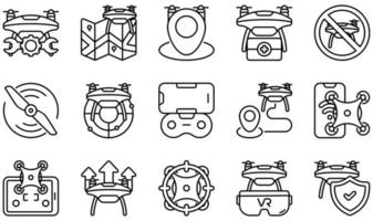 conjunto de ícones vetoriais relacionados a drones. contém ícones como manutenção, mapa, médico, hélice, radar, realidade virtual e muito mais. vetor
