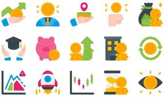 conjunto de ícones vetoriais relacionados ao investimento. contém ícones como investimento, investidor, dinheiro, cofrinho, imóveis, ações e muito mais.