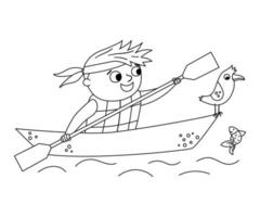 menino de caiaque preto e branco de vetor. cena de rafting de linha de fogueira com lindo garoto em um barco com remo e gaivota. atividade de água ao ar livre ou ícone de contorno de turista ou viajante de acampamento de verão. vetor