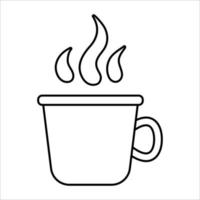 copo preto e branco de vetor com vapor isolado no fundo branco. inverno ou acampar ilustração de contorno de bebida de aquecimento tradicional. caminhadas bebida quente ou ícone de linha de chá.