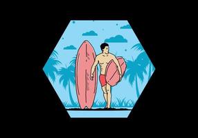 o homem sem camisa segurando a ilustração de prancha de surf vetor