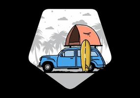 ilustração de carro com uma barraca de teto e uma prancha de surf na lateral vetor