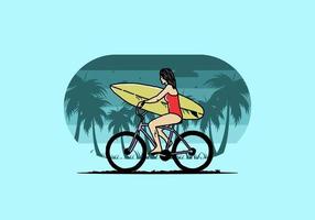 ilustração de uma mulher indo surfar de bicicleta vetor