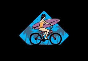 ilustração de uma mulher indo surfar de bicicleta vetor