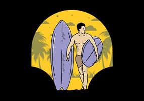 o homem sem camisa segurando a ilustração de prancha de surf vetor