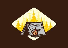 acampamento na floresta com distintivo de ilustração de fogueira vetor