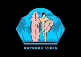 o homem sem camisa segurando a ilustração de prancha de surf vetor