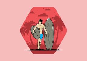 o homem sem camisa segurando a ilustração de prancha de surf vetor