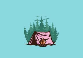 acampamento na floresta com distintivo de ilustração de fogueira vetor