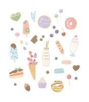 conjunto de vetores desenhados à mão de sobremesas doces. ilustração de sorvete, bolo, coquetéis, chocolate.