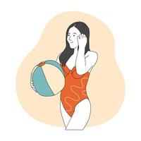 garota de maiô com uma bola inflável. férias de verão, estilo retrô. mão desenhada em estilo de linha fina, ilustração vetorial. vetor