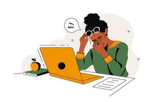 mulher negra está trabalhando em um laptop. personagem cansado. conceito de oftalmologia e cuidados com os olhos. gráficos planos, ilustração vetorial. vetor