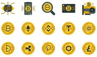 conjunto de ícones vetoriais relacionados à criptomoeda. contém ícones como smartphone, pesquisa, cartão de crédito, placa gráfica, bitcoin, ethereum e muito mais. vetor