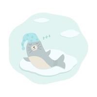 selo de personagem de desenho animado bonito dorme em uma bebida em uma nuvem. ilustração vetorial do conceito de crianças, boa noite vetor