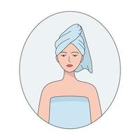 uma jovem mulher bonita com uma toalha na cabeça. ilustração vetorial do conceito de beleza, higiene vetor