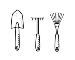 um conjunto de mini ferramentas para o jardim. ilustração em vetor de um ancinho de enxada pá.
