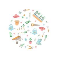 ferramentas de jardim e plantas, um conjunto de ilustrações vetoriais de doodle. jardinagem conceitual, um hobby de verão vetor