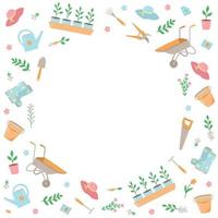 ferramentas de jardim e plantas, um conjunto de ilustrações vetoriais de doodle. jardinagem conceitual, um hobby de verão vetor