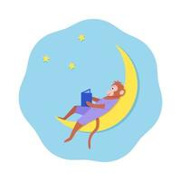 um macaco de desenho animado senta-se na lua e lê um livro. conceito boa noite, uma história de ninar. ilustração vetorial vetor
