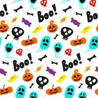 padrão sem emenda festivo de doodle de halloween. vetor de fundo infinito desenhado à mão com abóboras, caveiras, morcegos, aranhas, fantasmas, ossos, doces, teia de aranha e bolha de fala com vaia. doçura ou travessura.