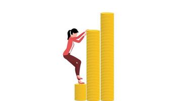 mulher subindo na pilha das moedas, ilustração vetorial de personagem de negócios plana sobre fundo branco. vetor