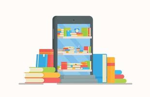 telefone escolar com livros online. ilustração em vetor de livros de leitura. entrega online de um poema.