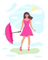 mulher feliz com guarda-chuva em um parque. depois da chuva, o sol espreita por trás da nuvem. clima variável de verão, estilo de vida saudável e atividade de lazer de recreação. vetor