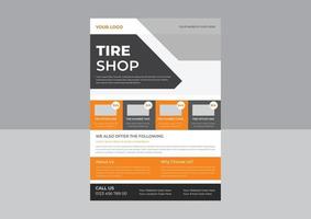 cartaz de anúncio de carro de pneu, cartaz de serviço de reparo de pneus local, design de folheto, modelo de folheto de reparo automático. vetor