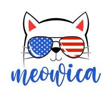 meowica - desenho de gatinho fofo com trocadilho de palavra meowica. caligrafia engraçada para 4 de julho. perfeito para publicidade, pôster, roupas infantis ou cartão de felicitações, pijama. lindo lindo gato. vetor