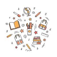 ícones de papelaria de escola simples. rabiscos, desenho a lápis, livros, mochila escolar, globo, canetas, marcador, régua. volta às aulas, educação vetor