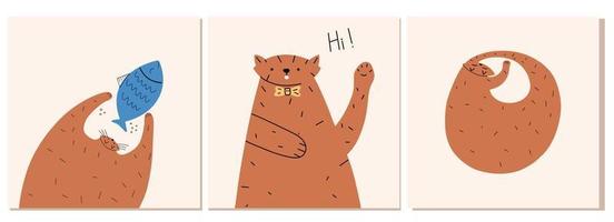 um conjunto de cartões postais engraçados com um gato. ilustração vetorial em estilo simples