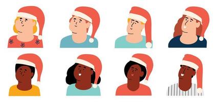 conjunto de personagens com um chapéu vermelho de natal. feliz família europeia e afro-americana. ilustração vetorial em estilo simples vetor