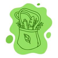 saco ecológico com produtos e folhas. zero desperdício ilustração vetorial doodle contorno desenhado à mão. vetor