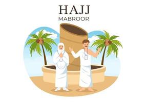 ilustração de desenho animado hajj ou umrah mabroor com personagem de pessoas e jogando pedras no pilar jamaraat tiangs adequado para modelos de pôster ou página de destino vetor