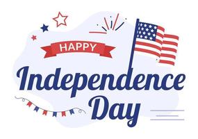 4 de julho feliz dia da independência dos eua ilustração dos desenhos animados com bandeira, balão ou fogos de artifício festivos para pôster ou modelo de plano de fundo vetor