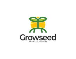 logotipo de semente crescente com ilustração de sol e folhas vetor