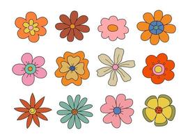 1970 flores da margarida. coleção de diferentes flores retrô. ilustração vetorial isolada em um fundo branco. vetor
