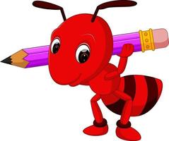 formiga vermelha de desenho animado segurando lápis