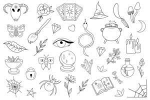 ícone preto e branco definido com itens mágicos. coleção de itens mágicos. sinais de feitiçaria e objetos definidos para ritual. símbolos wiccanos. vetor