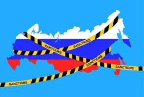sanções contra a Rússia. silhueta do mapa da federação russa com bandeira-tricolor e fitas amarelas cruzadas com inscrições. pare o conceito de guerra. vetor