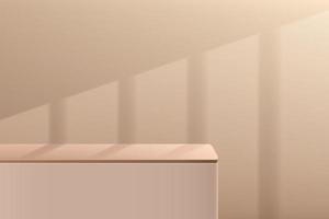 pedestal de cubo de canto redondo 3d abstrato marrom e bege ou pódio de suporte com iluminação de janela. cena de parede mínima para apresentação de exibição de produtos cosméticos. design de plataforma de renderização geométrica vetorial. vetor