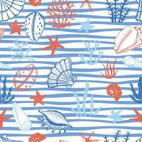 conchas do mar desenhadas à mão, algas e estrelas sem costura padrão. para tecido, papel de parede, papel de embrulho, têxtil, roupa de cama, estampa de camiseta.