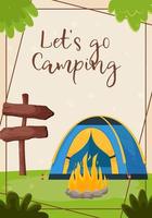 um belo cartão postal para um convite para acampamento de verão, caminhadas, viagem, recreação ao ar livre. ilustração vetorial plana para pôster, banner, panfleto vetor