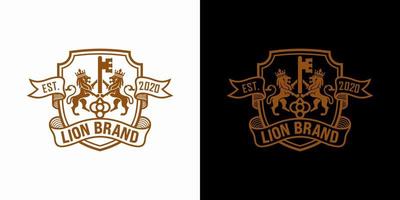 estilo de linha moderna do emblema da heráldica do leão com um escudo e uma coroa - ilustração vetorial vetor