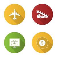 conjunto de ícones de glifo de longa sombra de design plano de serviço de aeroporto. avião, caminhão de escada, scanner de bagagem, câmbio em dólar. ilustração em vetor silhueta