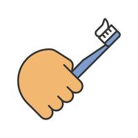 mão segurando o ícone de cor da escova de dentes. limpeza dos dentes. ilustração vetorial isolada vetor