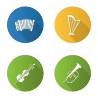 instrumentos musicais design plano longa sombra conjunto de ícones de glifo. acordeão, harpa, violoncelo, flugelhorn. ilustração em vetor silhueta