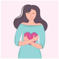 ilustração vetorial menina amor próprio com abraço coração rosa vetor