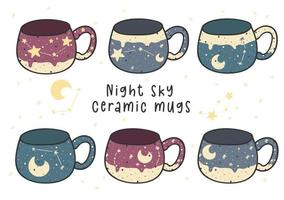 vetor de desenhos animados de coleção de caneca de cerâmica de cerâmica fofa, conjunto de céu de estrelas noturnas