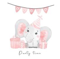 linda bebê elefante rosa com chapéu de festa e caixas de presente, ilustração de desenhos animados aquarela de animais selvagens de aniversário de berçário